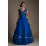 Modest Ball Gown Square Neck Royal Blue Tulle Beaded Corset Prom Dress With Sleeves