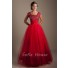 Modest Ball Gown Square Neck Red Tulle Beaded Corset Prom Dress With Sleeves