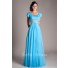 Modest Empire Waist Long Turquoise Chiffon Beaded Prom Dress With Sleeves