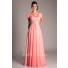 Modest Empire Waist Long Coral Chiffon Beaded Prom Dress With Sleeves