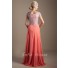 Modest Empire Waist Sleeve Long Coral Chiffon Beaded Rhinestone Prom Dress
