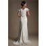 Modest V Neck Flared Cap Sleeve Satin Beaded Wedding Dress With Buttons