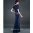 Modest sheath high neck long navy blue beading chiffon evening dress with sleeves