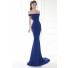 Off The Shoulder Royal Blue Satin Applique Evening Occasion Dress With Train