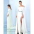 Off The Shoulder Side Slit White Jersey Beaded Belt Prom Dress With Cape