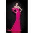 One Shoulder Sleeved Fuchsia Satin Beaded Occasion Evening Dress With Bow