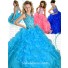 Pretty Halter Turquoise Blue Organza Ruffle Crystal Beaded Girls Pageant Party Prom Dress