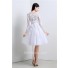 Princess Ball Gown Short White Tulle Lace Sleeve Prom Dress With Buttons