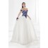 Princess Off The Shoulder Open Back White Tulle Royal Blue Embroidery Prom Dress