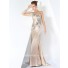 Royal One Shoulder Long Champagne Silk Beaded Crystal Evening Dress 