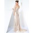 Royal One Shoulder Long Champagne Silk Beaded Crystal Evening Dress 