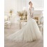 Sexy A Line Scoop Neck Sheer See Through Long Sleeve Lace Wedding Dress With Buttons