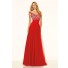 Sexy A Line V Neck Low Back Red Tulle Lace Prom Dress With Straps