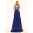 Sexy A Line V Neck Low Back Royal Blue Tulle Lace Prom Dress With Straps