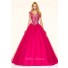 Sexy Ball Gown V Neck Fuchsia Tulle Lace Beaded Prom Dress