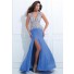 Sexy Deep V Neck Cap Sleeve Blue Chiffon Tulle Beaded Long Prom Dress With Slit