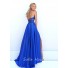 Sexy Halter Front High Slit Long Royal Blue Silk Beaded Prom Dress
