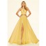 Sexy Halter Keyhole Cut Out Slit Long Yellow Chiffon Beaded Prom Dress