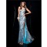 Sexy Halter V Neck Long Blue Sequined Prom Dress With Beaded Rhinestone Silt