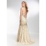Sexy Mermaid V Neck Low Back Long Champagne Tulle Beaded Prom Dress With Straps
