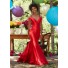 Sexy Off The Shoulder Open Back Red Satin Ruffle Prom Dress With Buttons