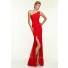 Sexy One Shoulder High Slit Long Red Lace Beaded Prom Dress