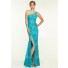 Sexy One Shoulder High Slit Long Turquoise Lace Beaded Prom Dress