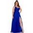 Sexy One Shoulder Long Royal Blue Chiffon Beaded Plus Size Party Prom Dress With Slit