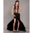 Sexy See Through Tulle Black Chiffon Lace Beaded Prom Dress With Slit