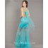 Sexy Sheer Neckline Open Back Turquoise Tulle Beaded Prom Dress With Slit