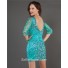 Sexy Tight Short/Mini Turquoise Beaded Tulle Party Cocktail Dress With Sleeve