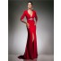 Sexy Tight V Neck Backless Cut Out Long Red Jersey Beading Prom Dress With Sleeve
