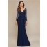 Sexy V Neck Open Back Navy Blue Jersey Lace Sleeve Mother Of The Bride Evening Dress