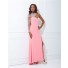 Sheath Asymmetrical One Shoulder Long Sheer Tulle Sleeve Pink Chiffon Prom Dress