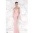 Sheath Cap Sleeeve Open Back Light Pink Satin Tulle Pearled Evening Dress
