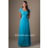 Sheath Cap Sleeves Turquoise Chiffon Ruched Long Modest Bridesmaid Dress