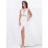 Sheath Illusion Deep V Neck Sheer Back Long White Chiffon Beaded Prom Dress With Split