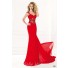 Sheath One Shoulder Long Red Chiffon See Through Beaded Prom Dress