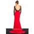 Sheath Open Back Long Red Chiffon Evening Prom Dress With Black Lace Sleeve