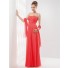 Sheath Strapless Long Neon Coral Chiffon Ruched Evening Prom Dress With Shawl