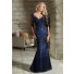 Sheath V Neck Long Navy Blue Lace Beaded Evening Dress With Sleeves