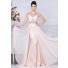 Sheer Illusion Neckline And Back Peach Lace Chiffon Beaded Long Prom Dress Flowing Skirt