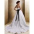 Simple A Line Asymmetrical Neckline Organza Wedding Dress With Black Sash Buttons