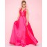 Simple A Line Deep V Neck Criss Corss Back Hot Pink Satin Prom Dress