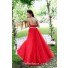 Simple A Line Strapless Long Red Satin Tulle Beading Prom Dress With Shawl