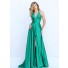 Simple Halter High Slit Long Emerald Green Satin Evening Prom Dress