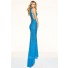 Slim High Neck Side Cut Out Long Blue Jersey Beaded Prom Dress