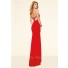 Slim High Slit Long Red Chiffon Lace Prom Dress With Spaghetti Straps
