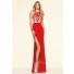 Slim High Slit Long Red Chiffon Lace Prom Dress With Spaghetti Straps