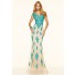 Slim Low Back Champagne And Turquoise Lace Evening Prom Dress Cap Sleeves